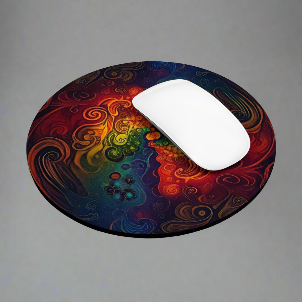 Neoprene round mousepad in abstract rainbow motif print.